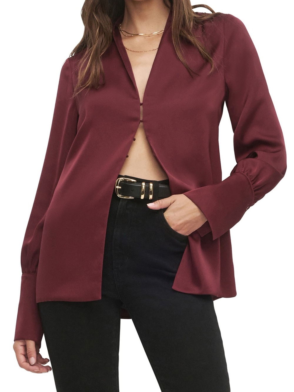 Favorite Daughter The Izzy Fluted Sleeve Satin Shirt